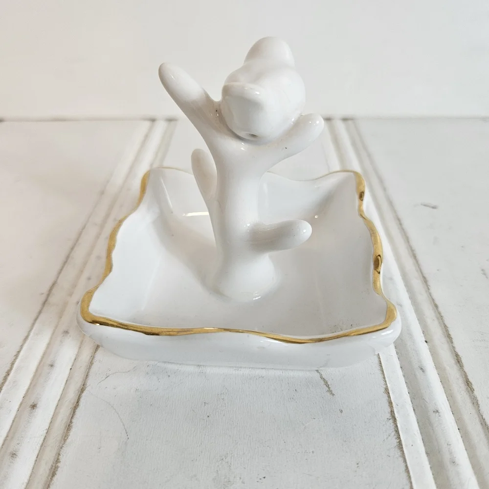 White Ceramic Bird Ring Holder Gold Trim Jewelry Dish Vanity Decor